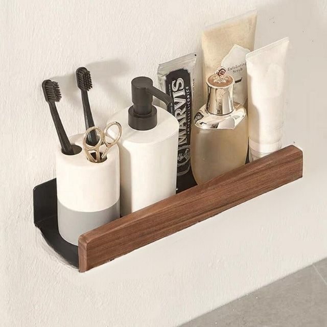 Wall Mounted Solid Wood Bathroom Shelf - Drill-Free Organizer