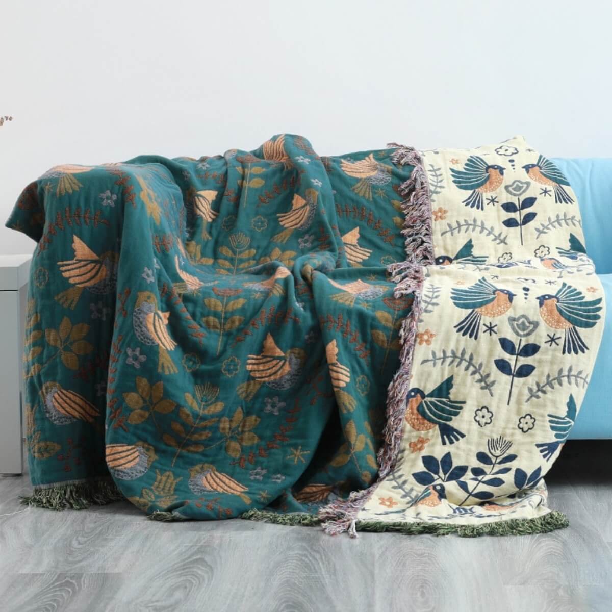 reversible scandinavian bird throw blanket cosy all seasons