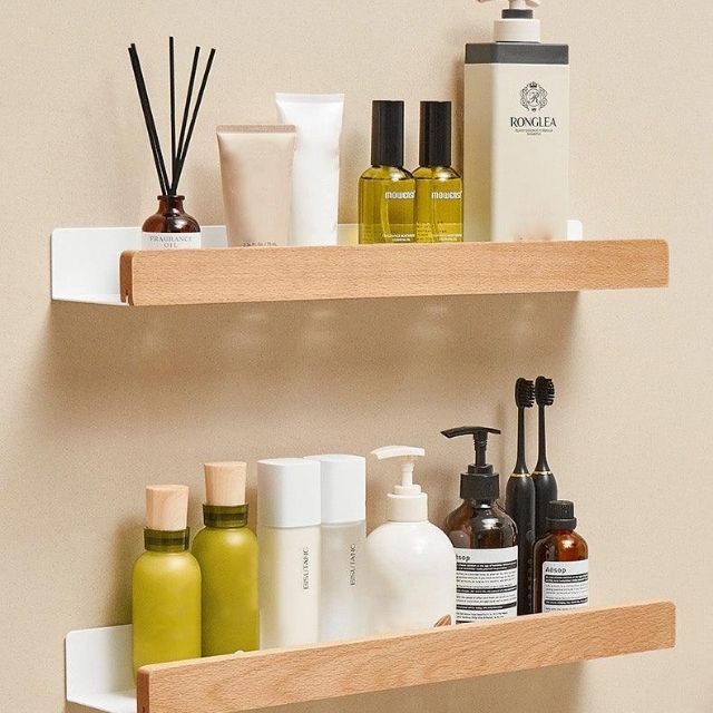 solid wood wall mounted bathroom shelf organizer