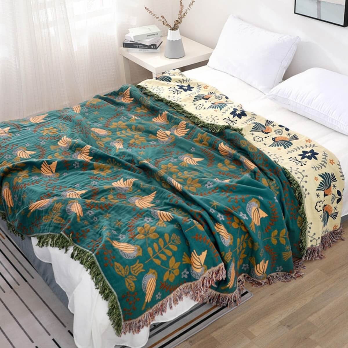 reversible scandinavian bird throw blanket cosy all seasons