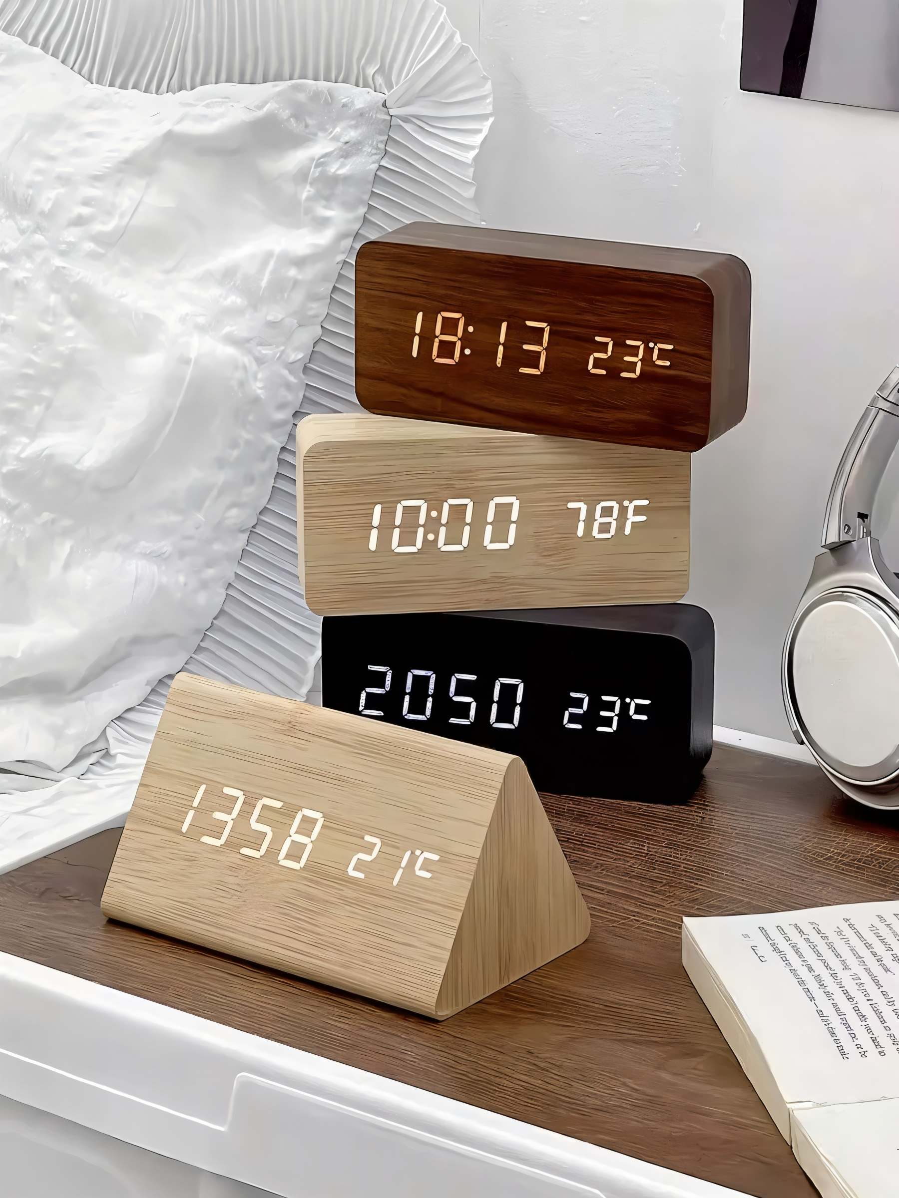 wakeycue modern wooden led alarm clock temperature humidity display