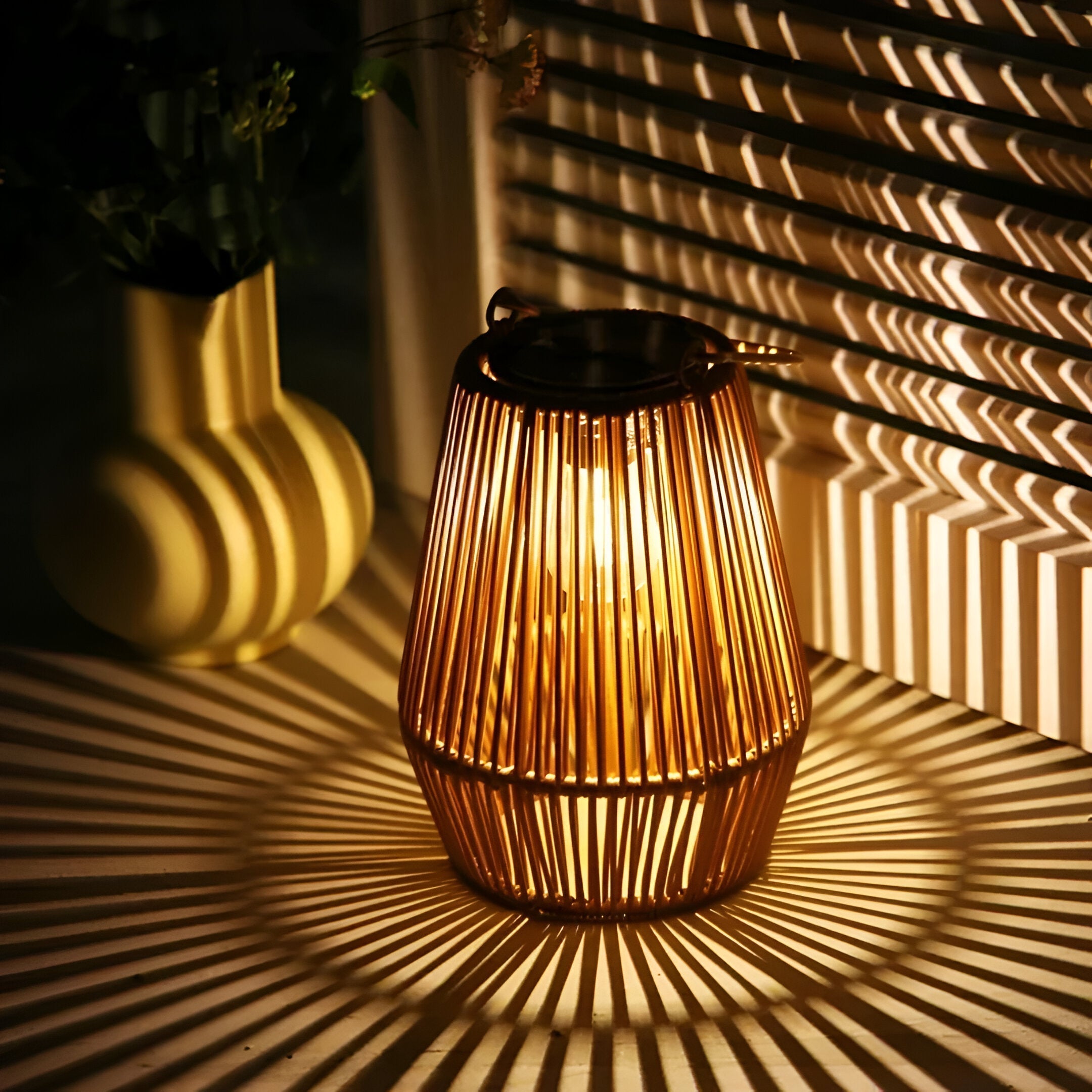 cage rattan bamboo solar garden light waterproof hanging lantern