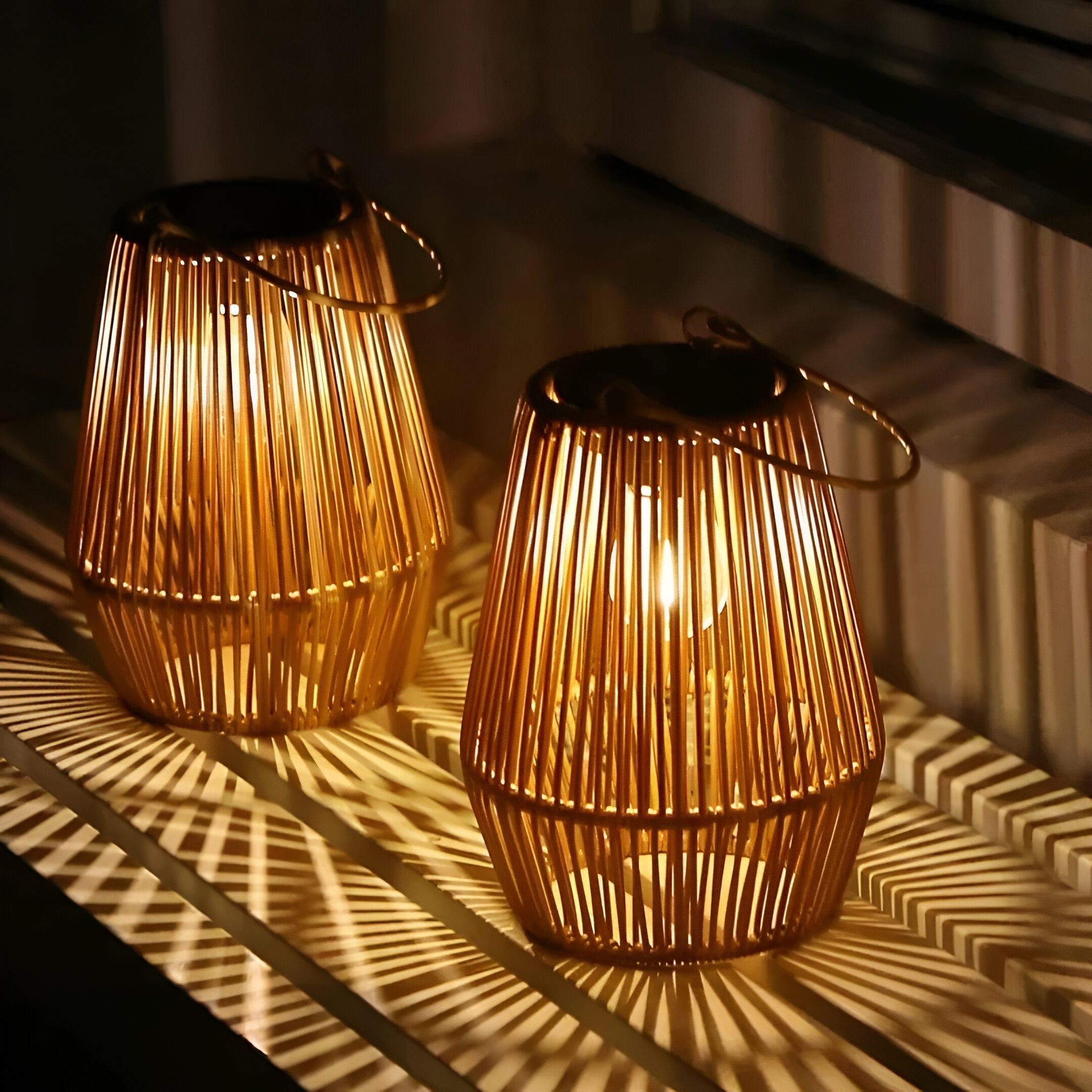 cage rattan bamboo solar garden light waterproof hanging lantern