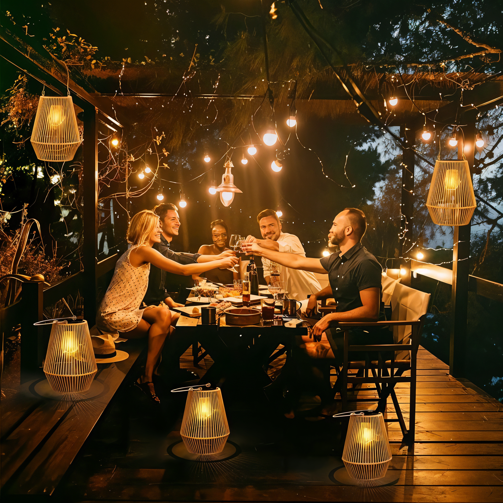 cage rattan bamboo solar garden light waterproof hanging lantern