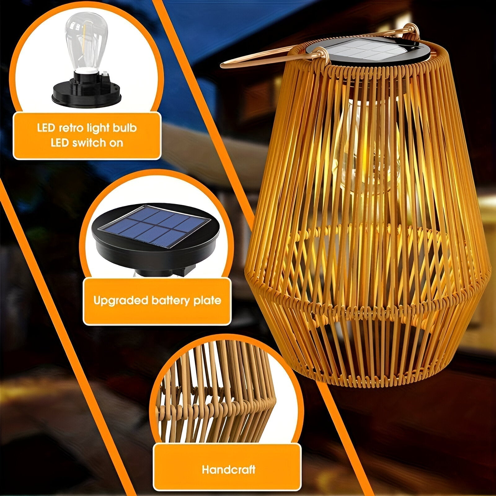 cage rattan bamboo solar garden light waterproof hanging lantern