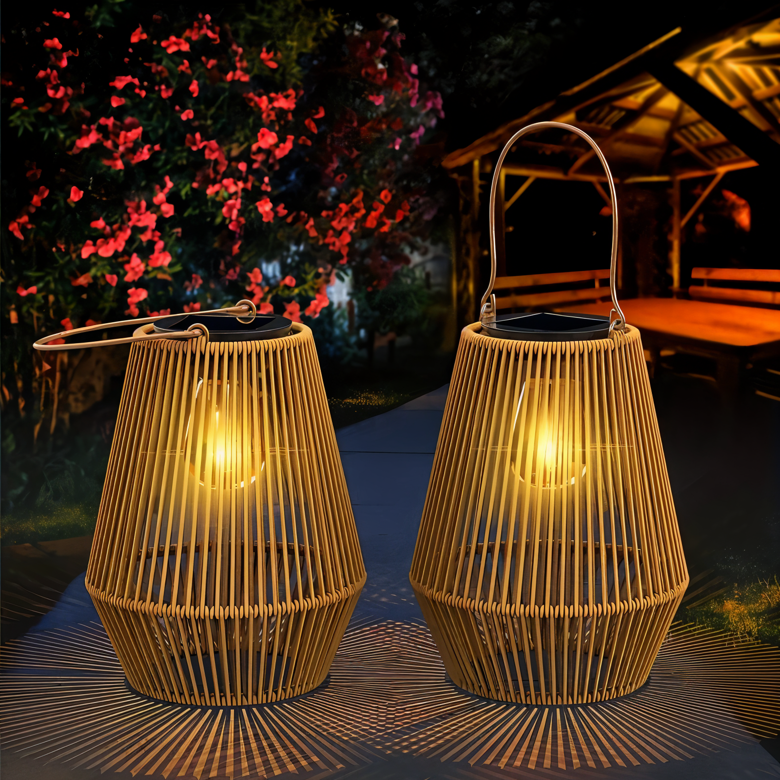 cage rattan bamboo solar garden light waterproof hanging lantern