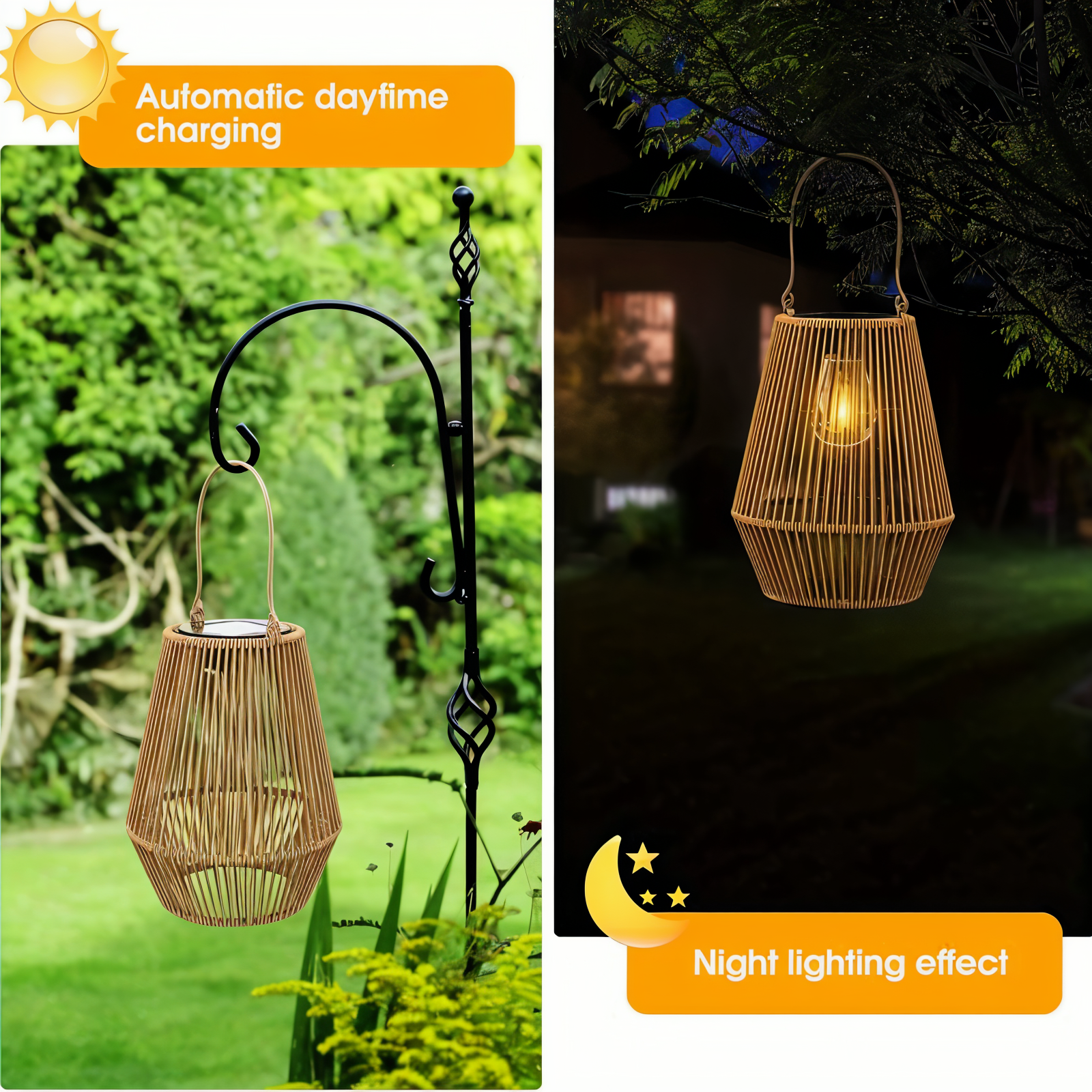 cage rattan bamboo solar garden light waterproof hanging lantern