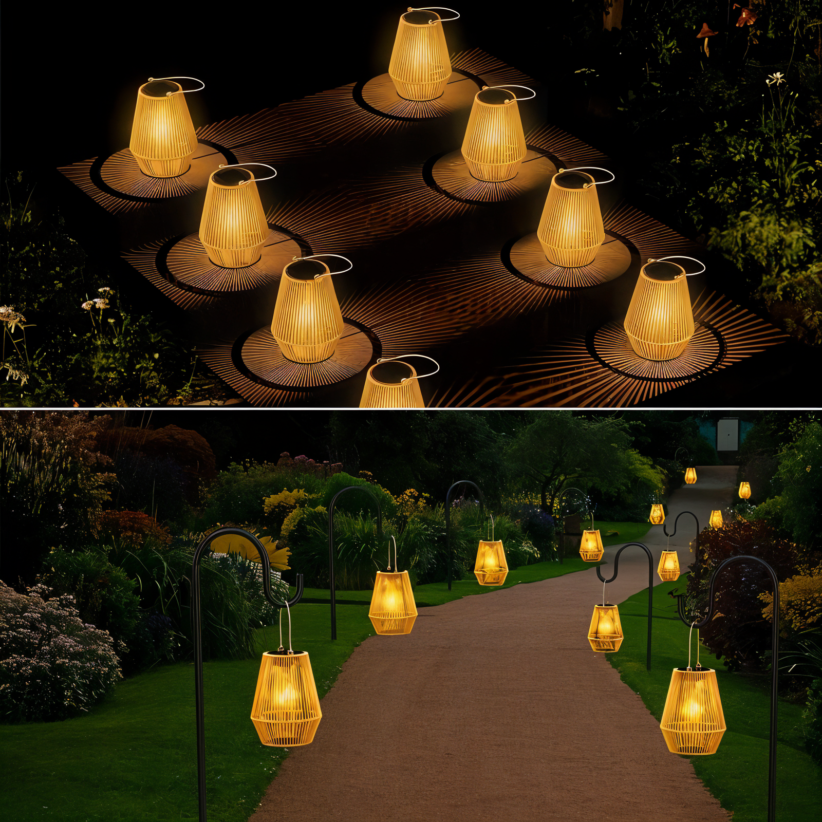cage rattan bamboo solar garden light waterproof hanging lantern