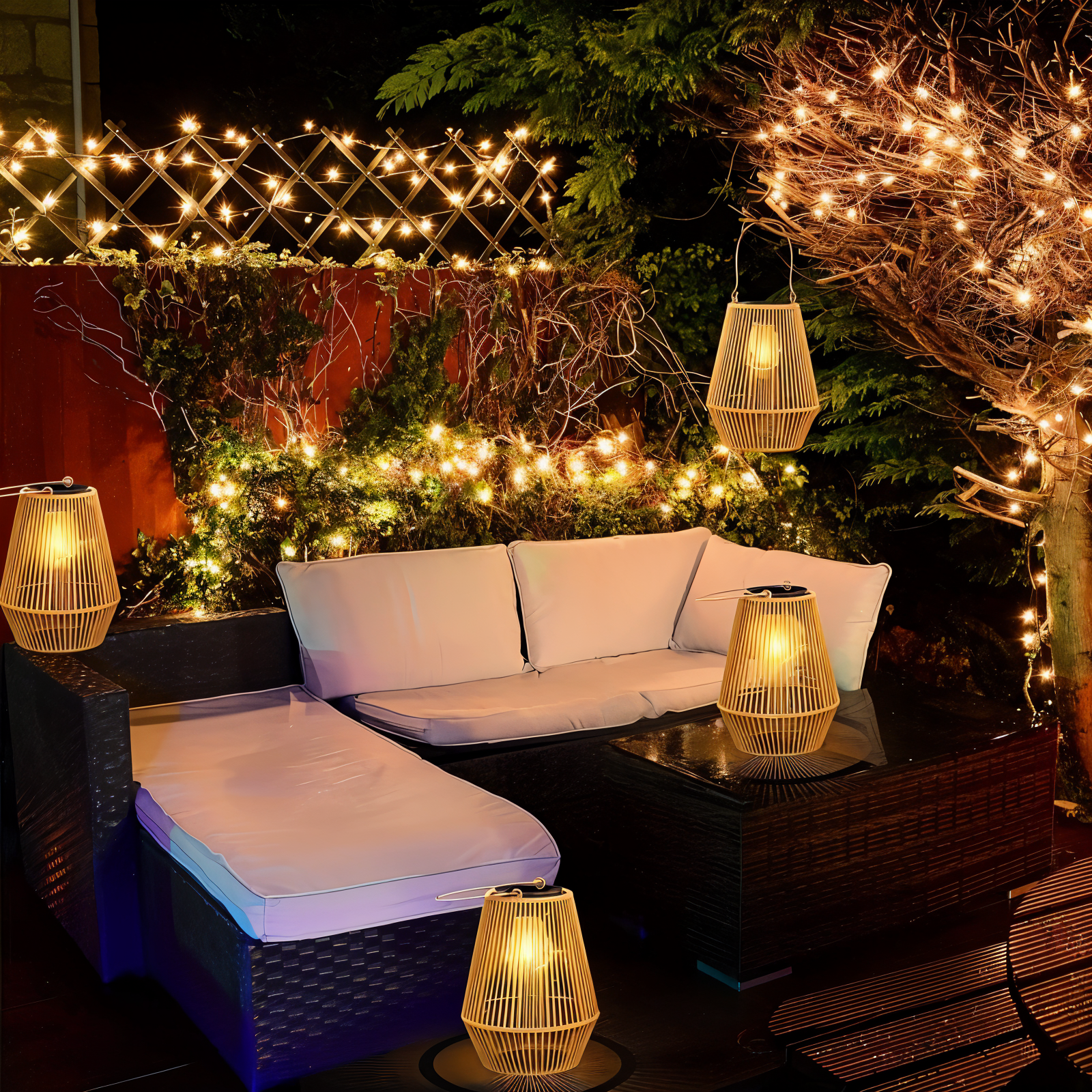 cage rattan bamboo solar garden light waterproof hanging lantern