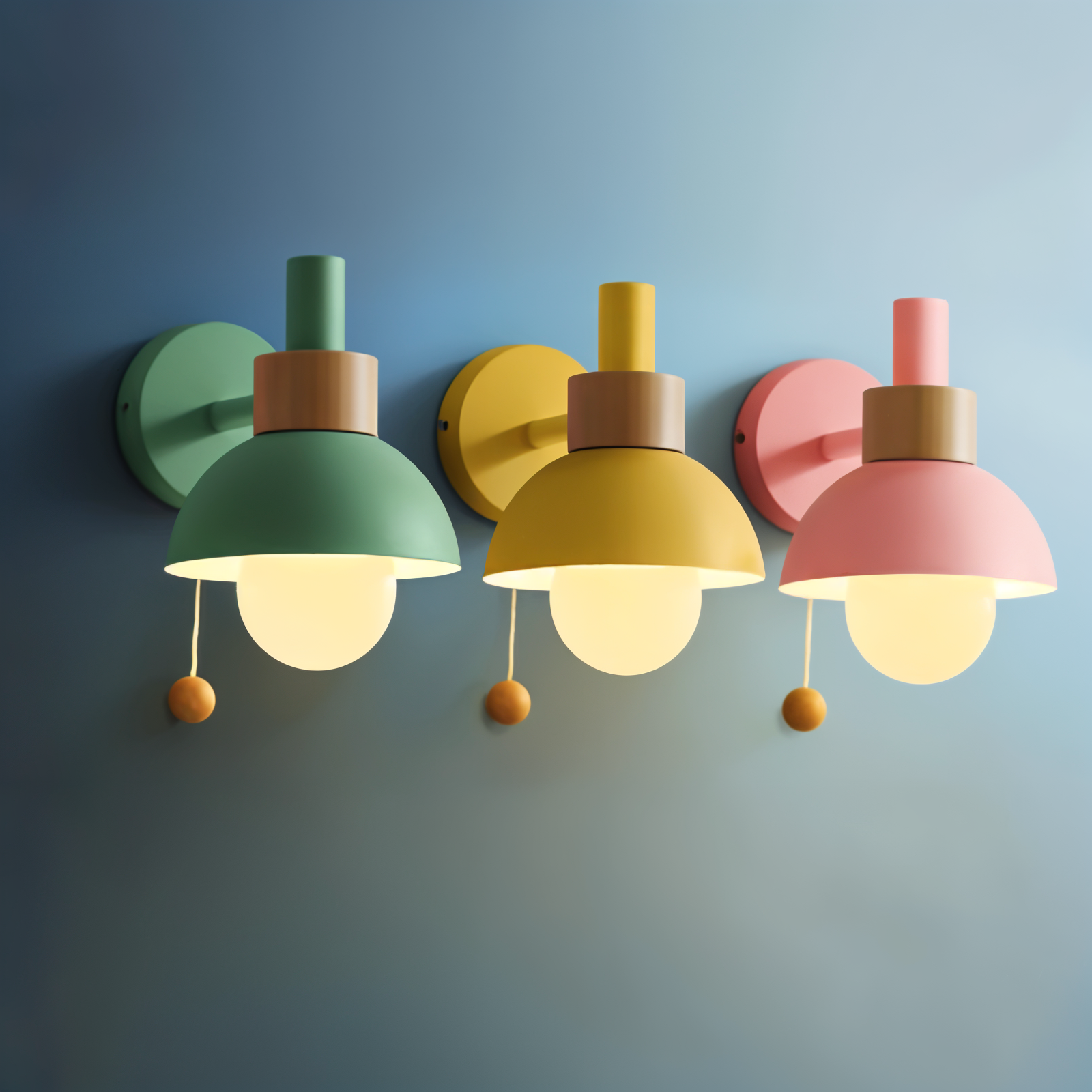 pastel pop wall light wood iron macaron sconce pull switch