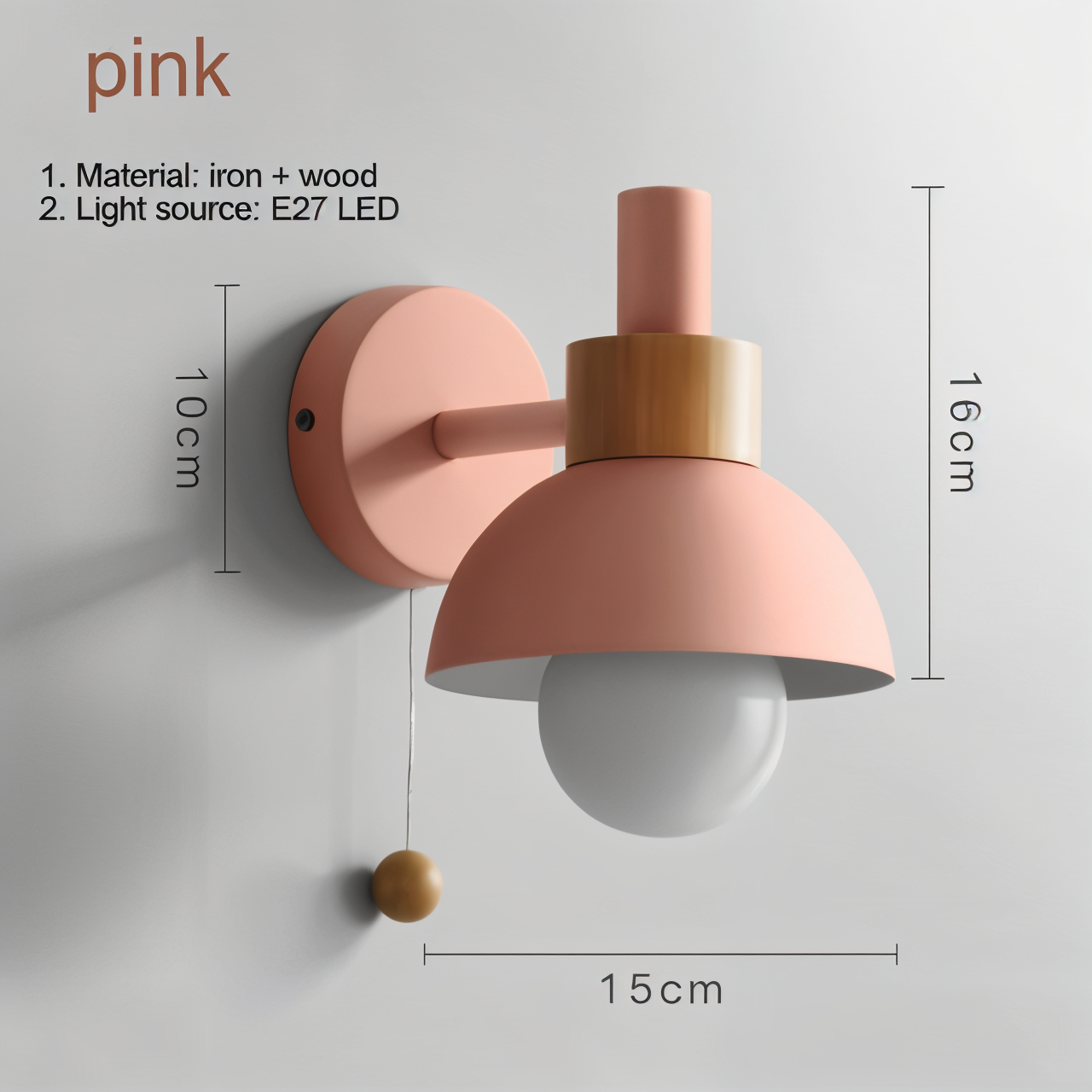 pastel pop wall light wood iron macaron sconce pull switch