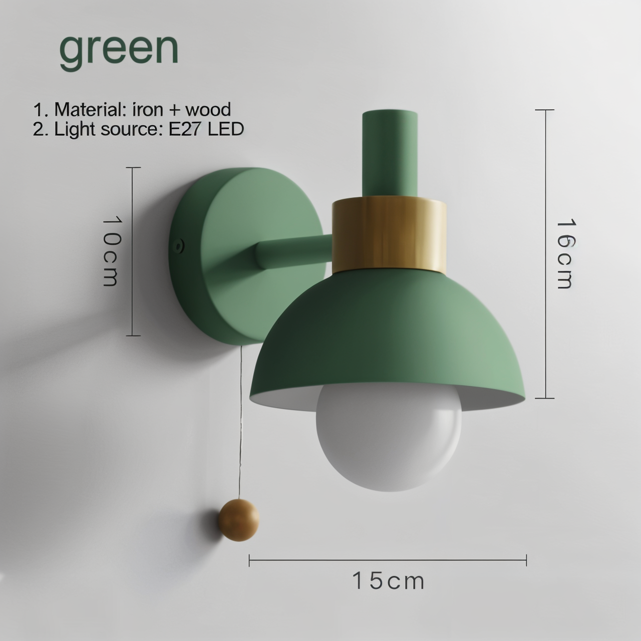 pastel pop wall light wood iron macaron sconce pull switch