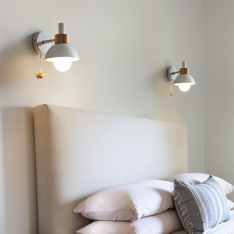pastel pop wall light wood iron macaron sconce pull switch