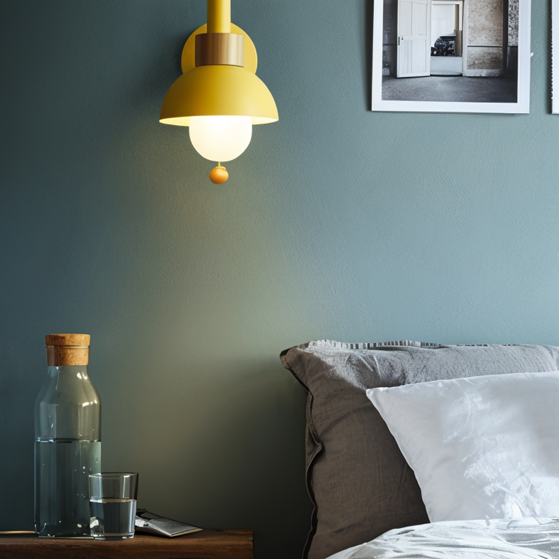 pastel pop wall light wood iron macaron sconce pull switch