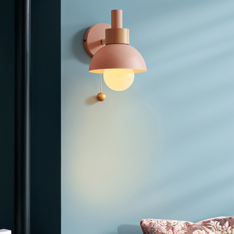 pastel pop wall light wood iron macaron sconce pull switch