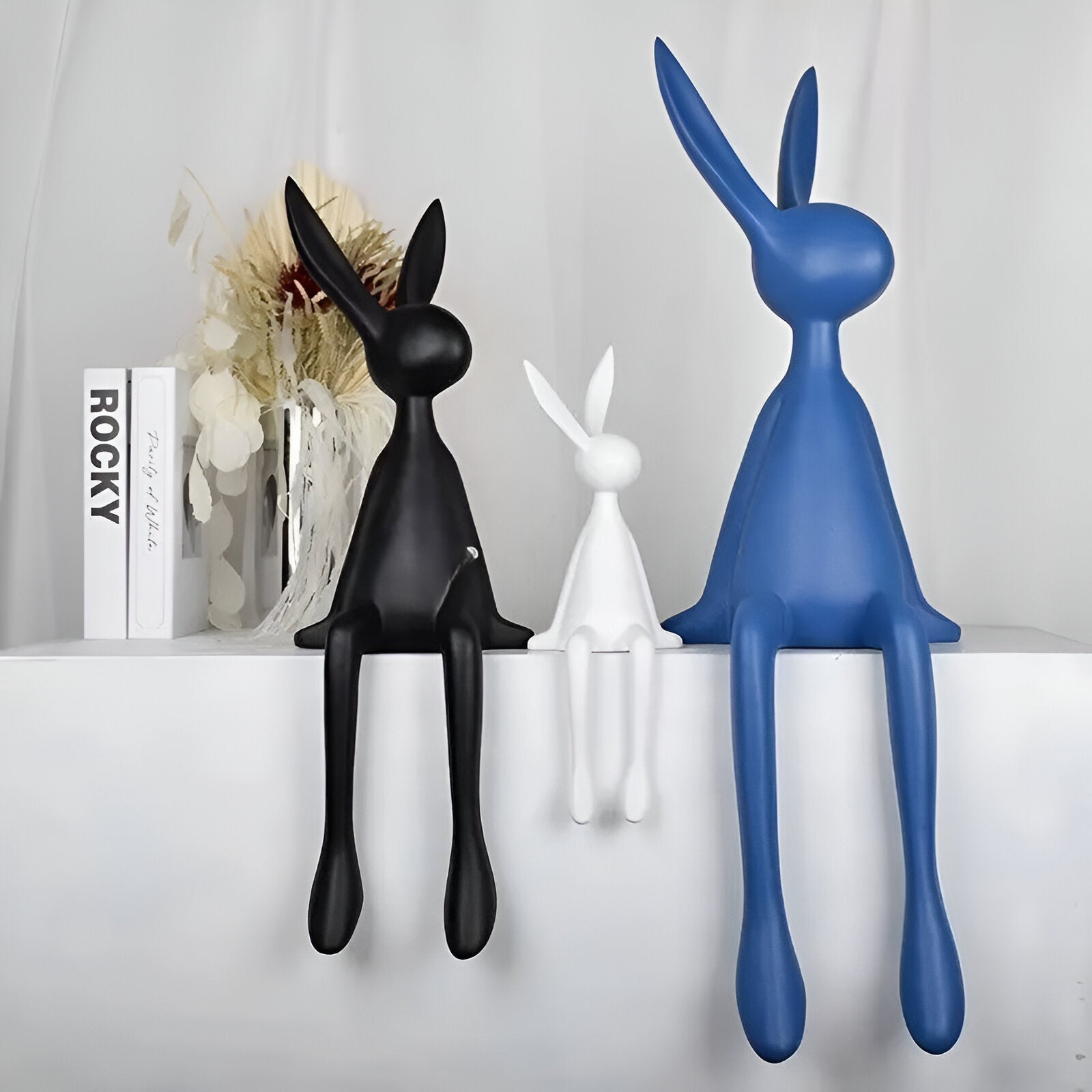 resin lux modern easter bunny black white blue sitting rabbit decorati