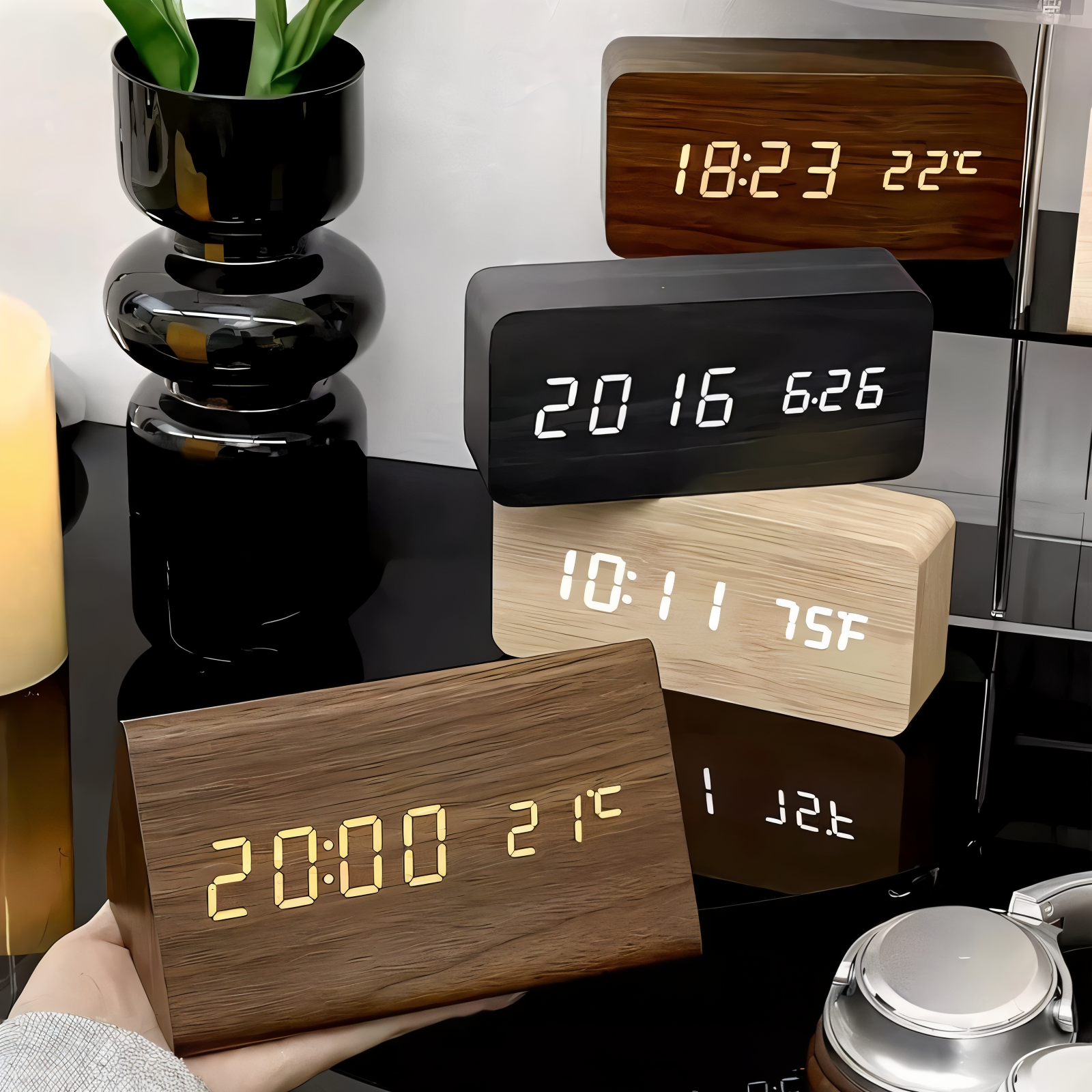wakeycue modern wooden led alarm clock temperature humidity display