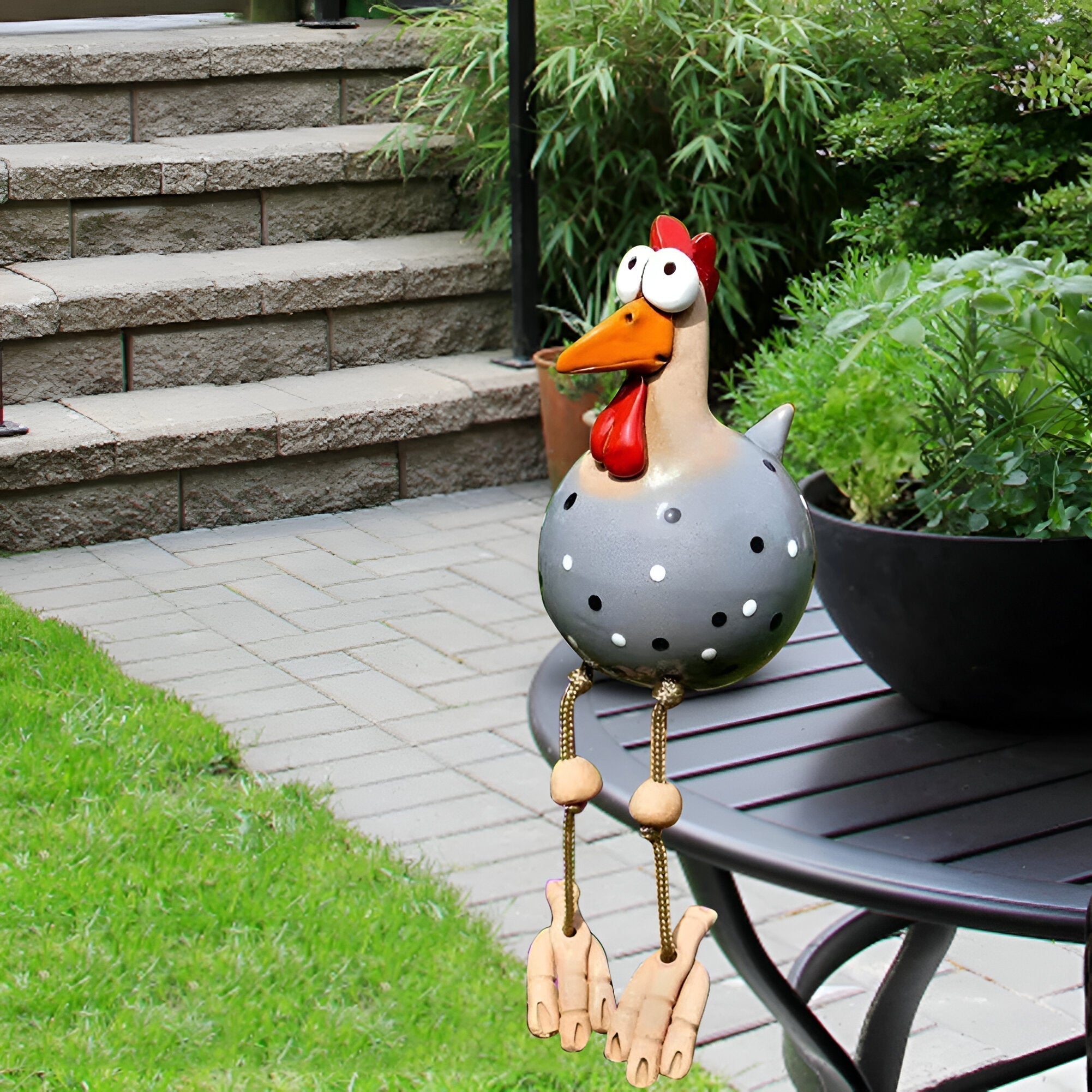 whimsical big eyed rooster garden statue weatherproof resin