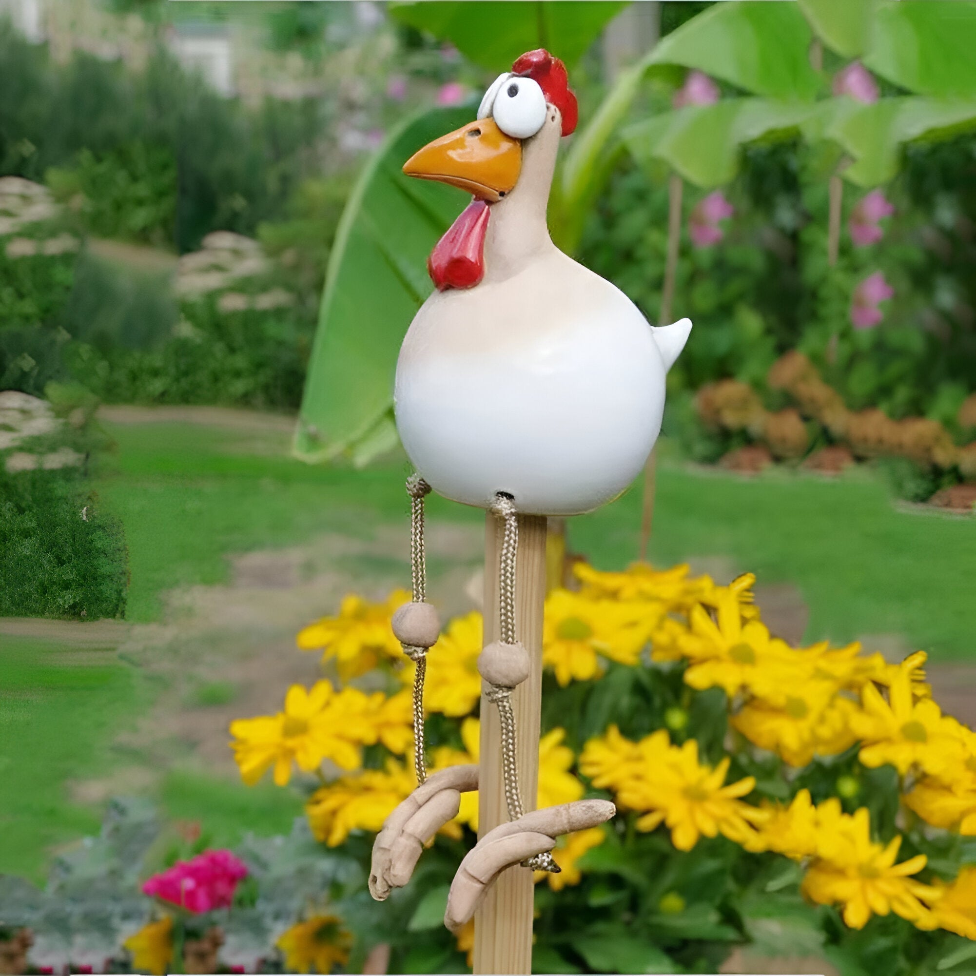 whimsical big eyed rooster garden statue weatherproof resin