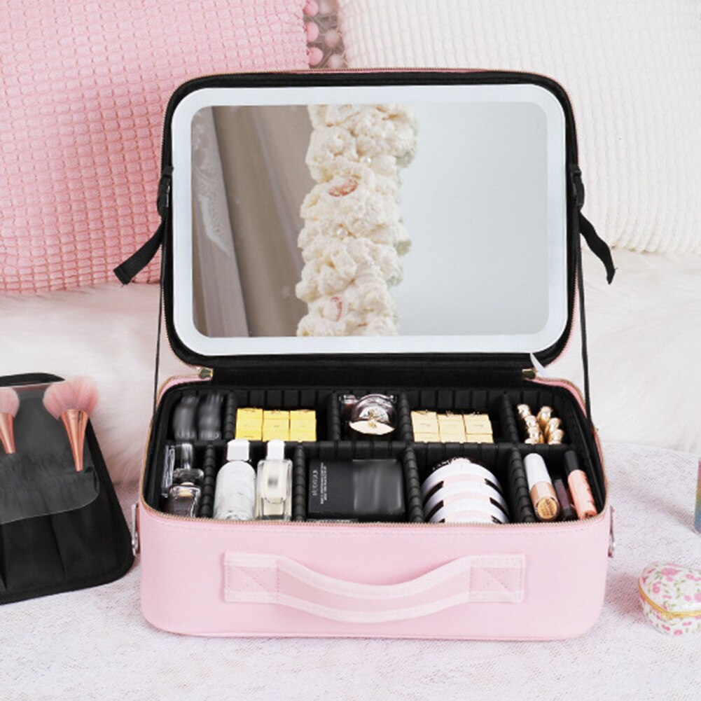portable travel makeup case led mirror adjustable lighting