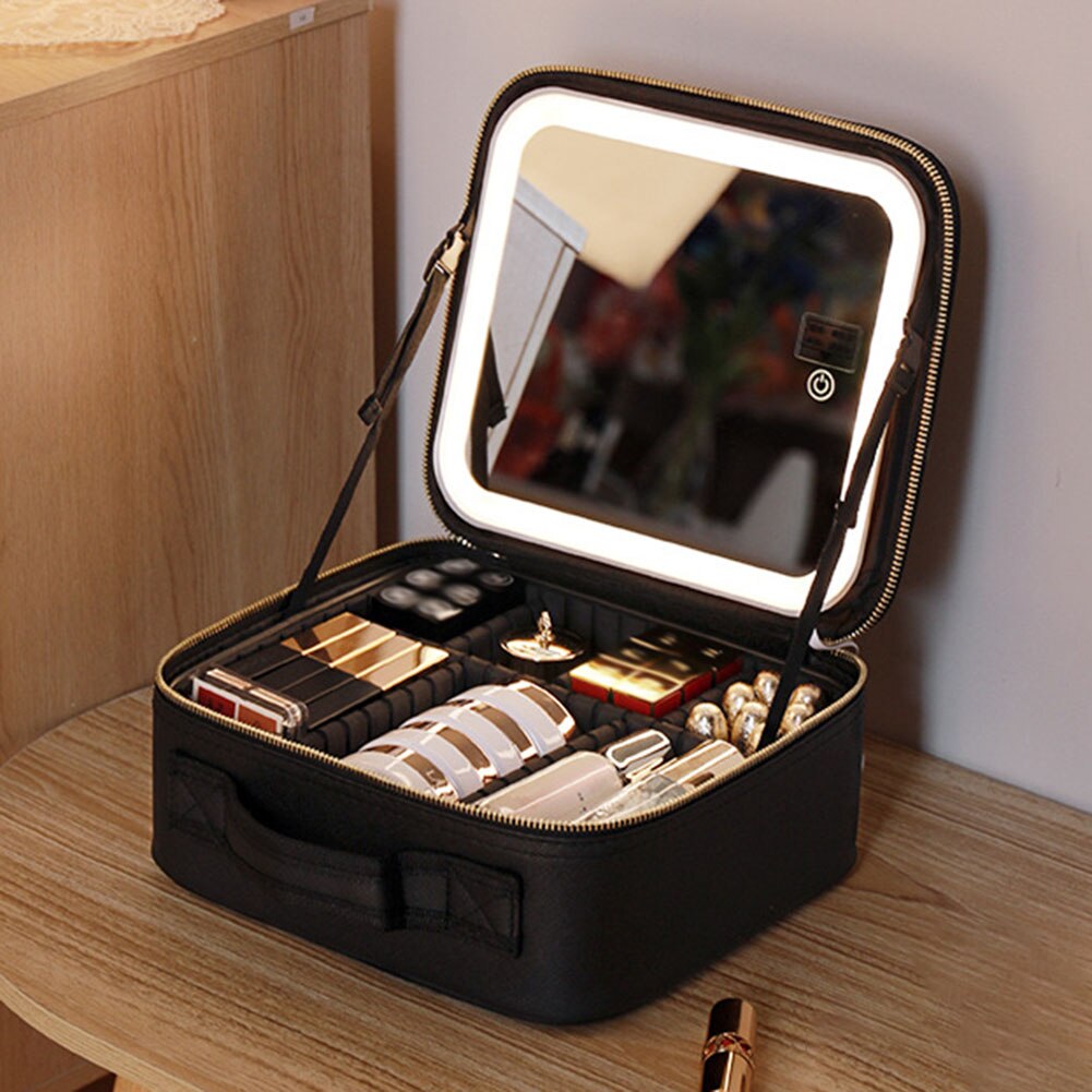 portable travel makeup case led mirror adjustable lighting
