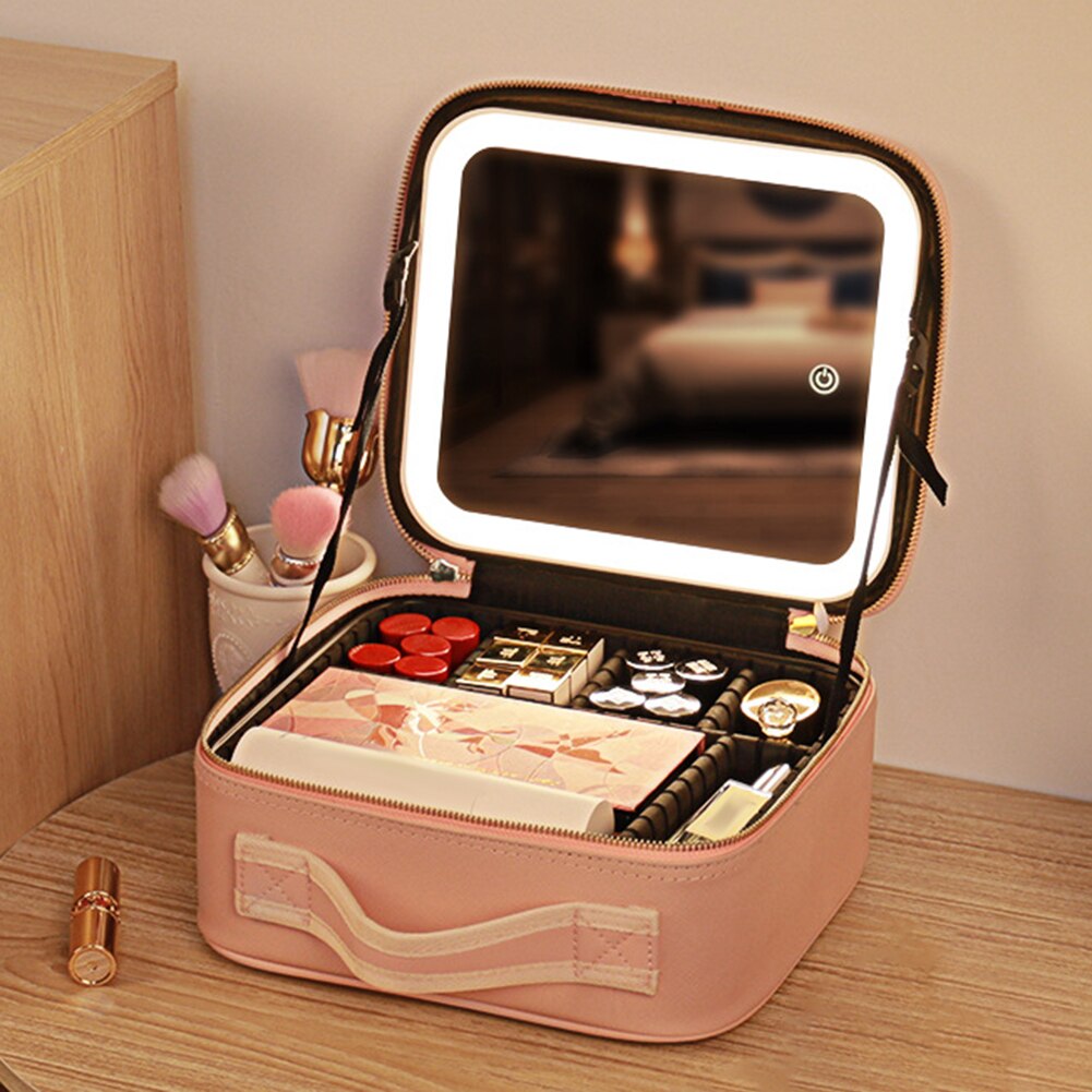 portable travel makeup case led mirror adjustable lighting