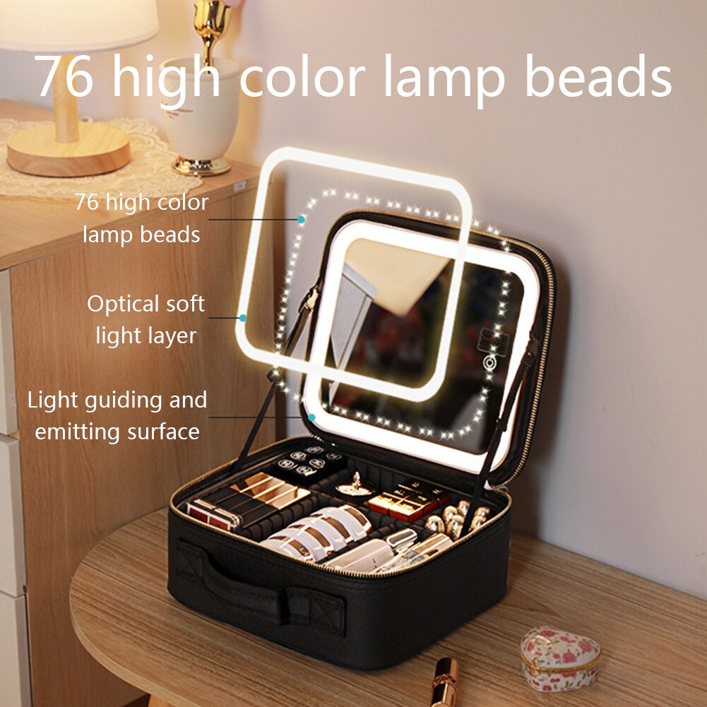 portable travel makeup case led mirror adjustable lighting
