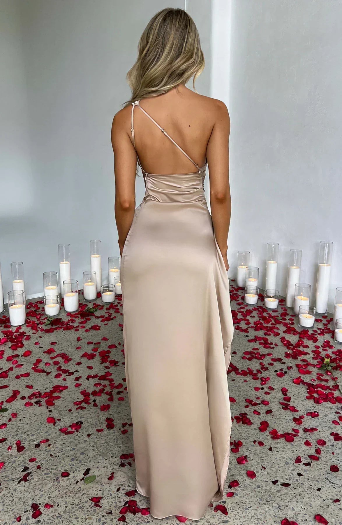 eliana off shoulder pleated satin dress
