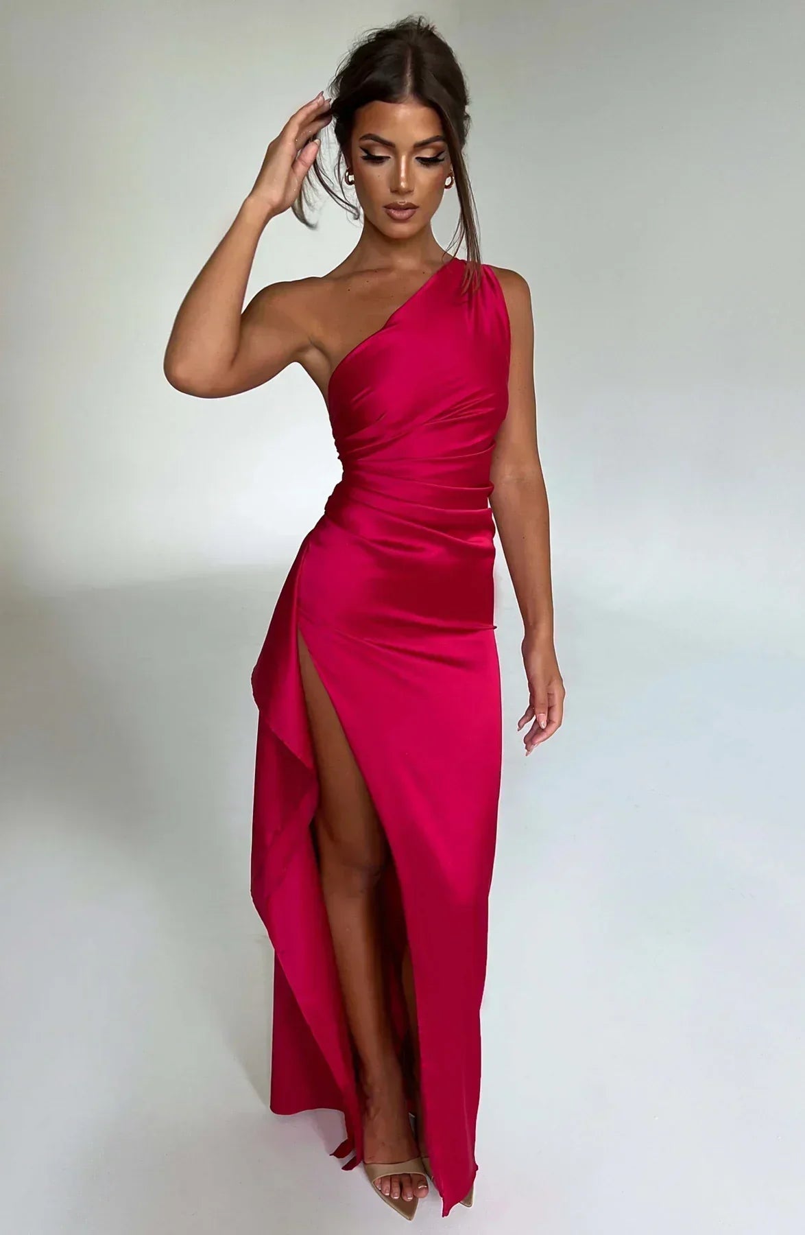 eliana off shoulder pleated satin dress