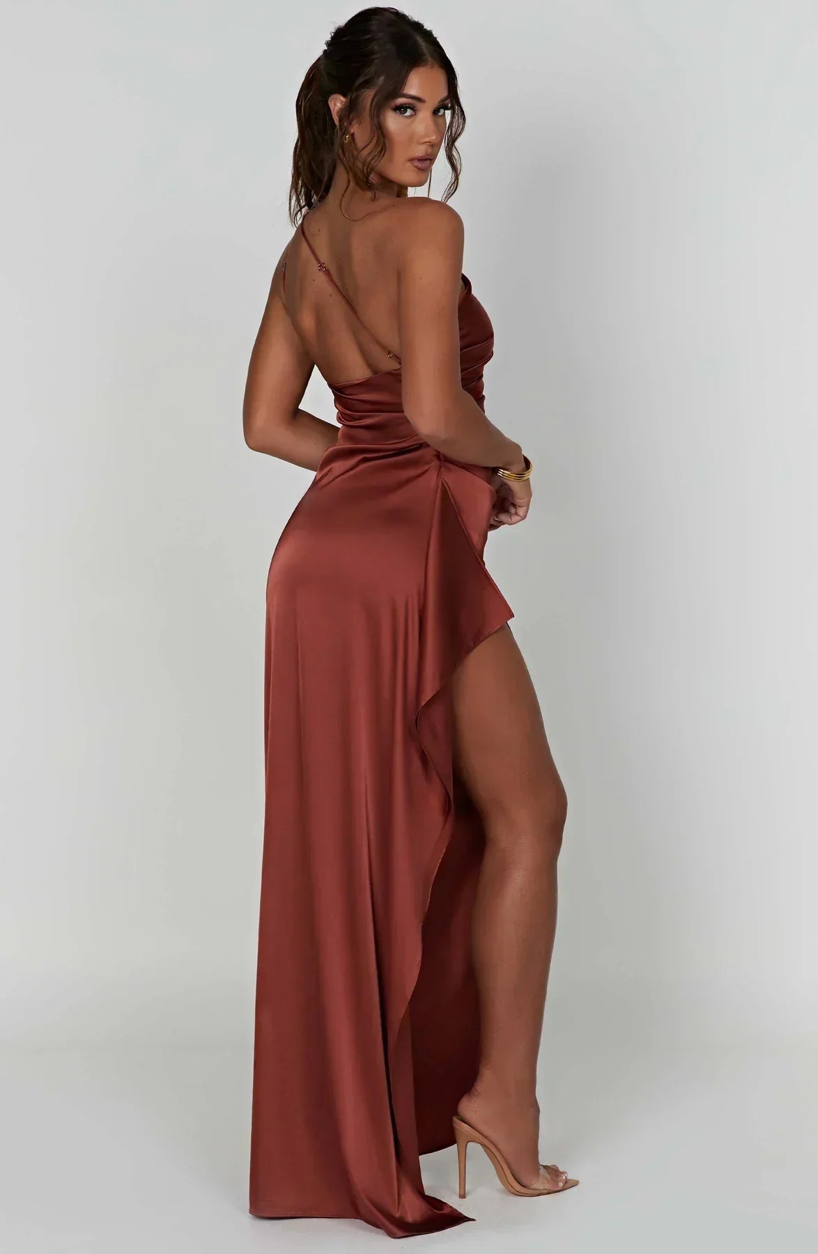 eliana off shoulder pleated satin dress