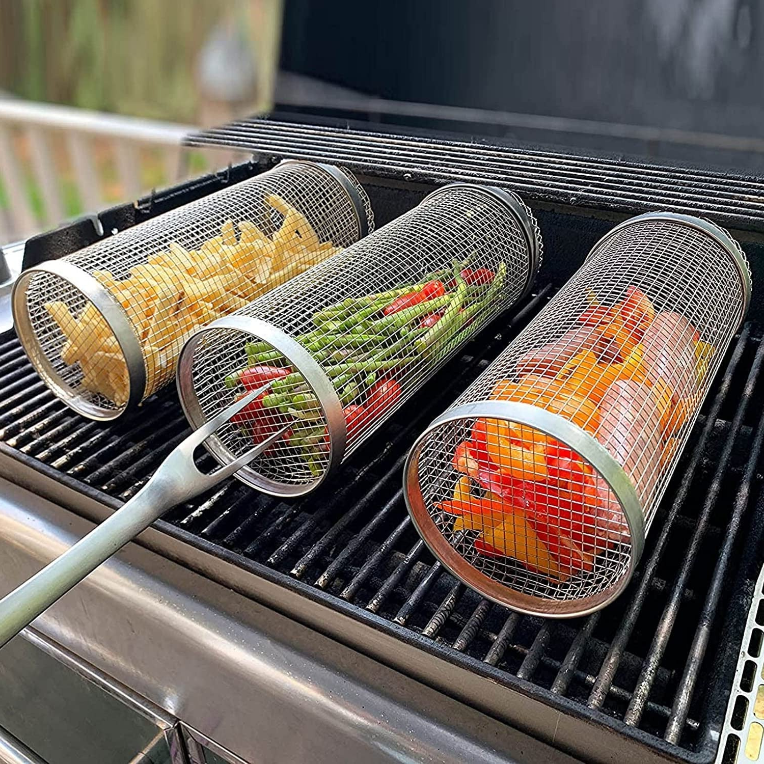 stainless steel rotating bbq grill basket